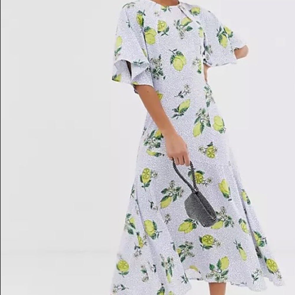 ASOS lemon print flutter sleeve drop waist midi dress